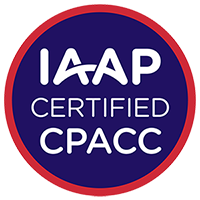 IAAP CPACC circular badge logo for International Association of Accessibility Professionals (IAAP) Certified Professional in Accessibility Core Competencies (CPACC) certification. A dark blue circle with three lines of centered white text that read: IAAP Certified CPACC. There is a smaller red circle that surrounds the dark blue inner circle that designates the CPACC certification color scheme.